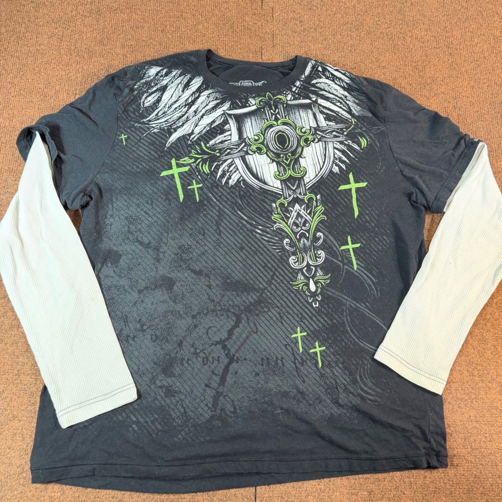 MMA Elite Shirt Mens 2XL Black Cross Wing Graphic Layered Long Sleeve Y2K Top